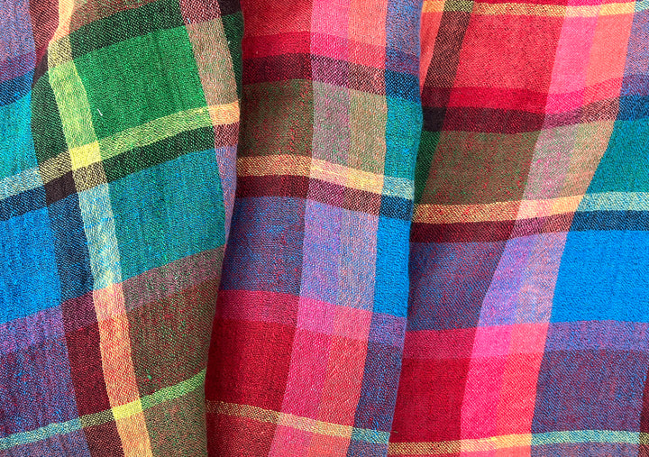 Vivid Multicolor Madras Plaid Linen Blend Fabric – Light Weight with Natural Wrinkle Effect  7587