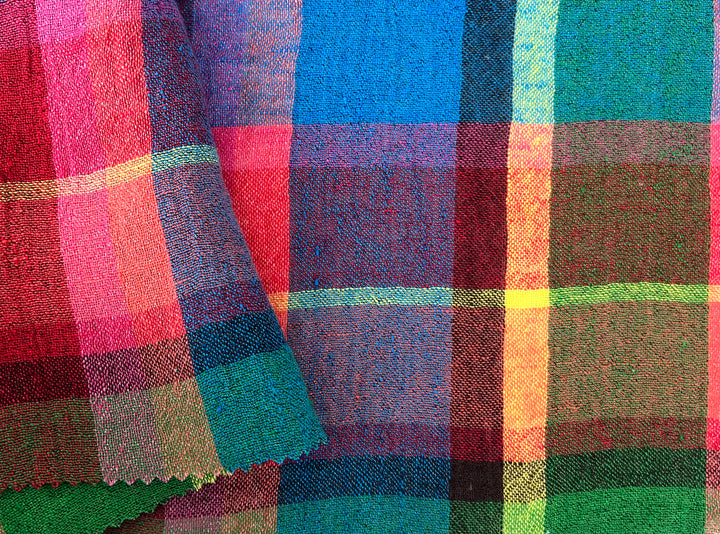 Vivid Multicolor Madras Plaid Linen Blend Fabric – Light Weight with Natural Wrinkle Effect  7587
