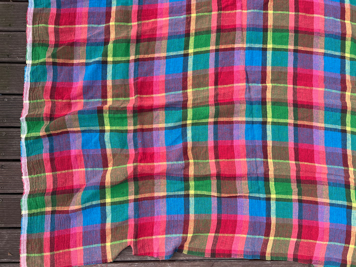 Vivid Multicolor Madras Plaid Linen Blend Fabric – Light Weight with Natural Wrinkle Effect  7587