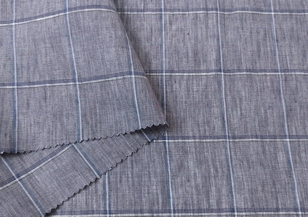 Lightweight Grey Window Pane Check: 100% Linen Fabric 3850 - The Linen Lab - Gray