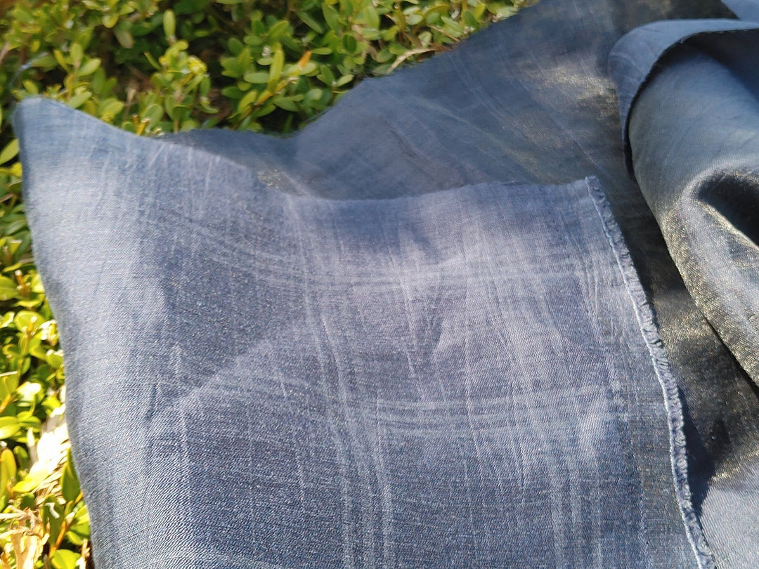 Naval Linen Polyester Fabric with Crease Effect and Printed Plaid Pattern 3578 - The Linen Lab - Navy