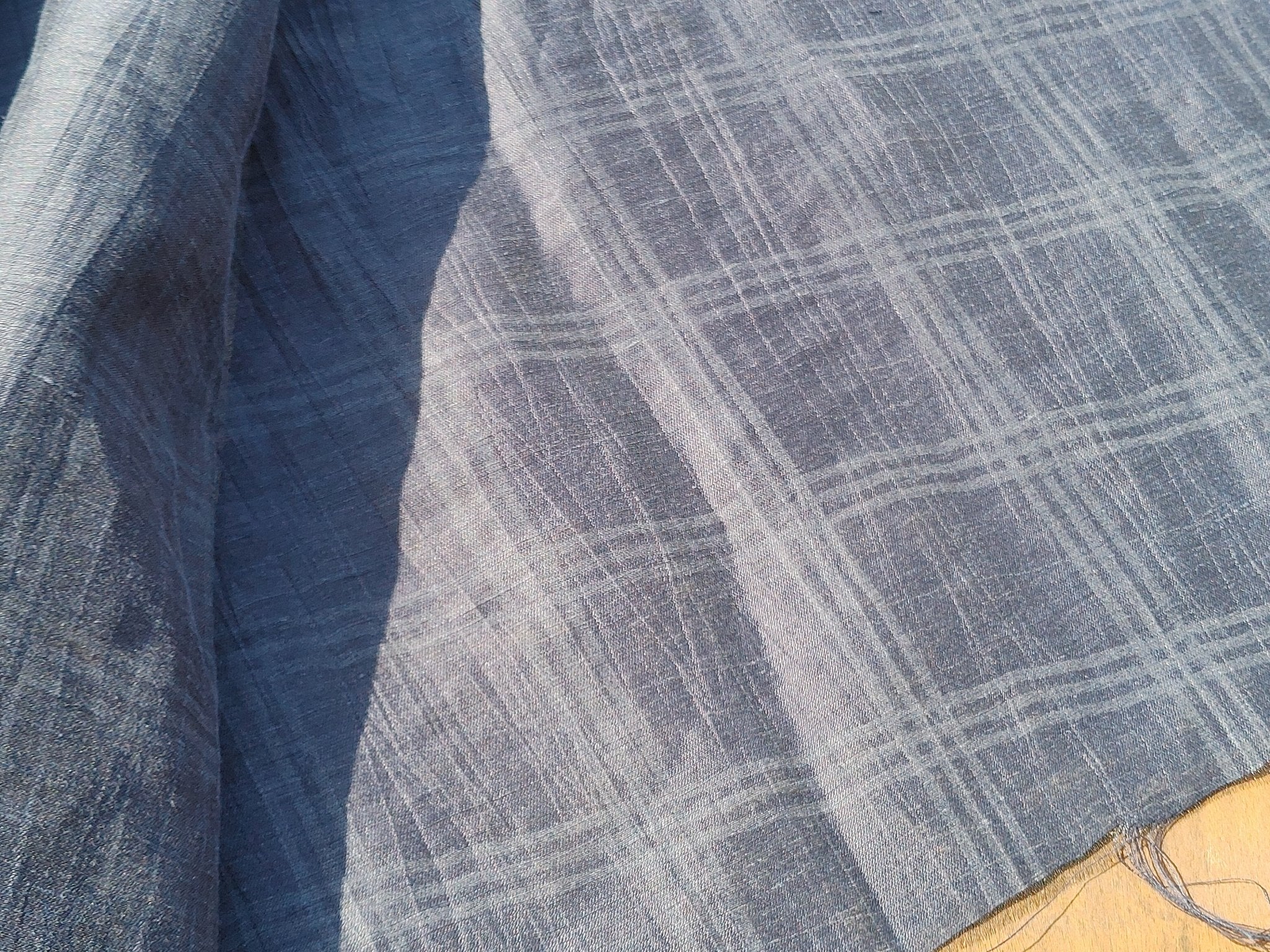 Naval Linen Polyester Fabric with Crease Effect and Printed Plaid Pattern 3578 - The Linen Lab - Navy