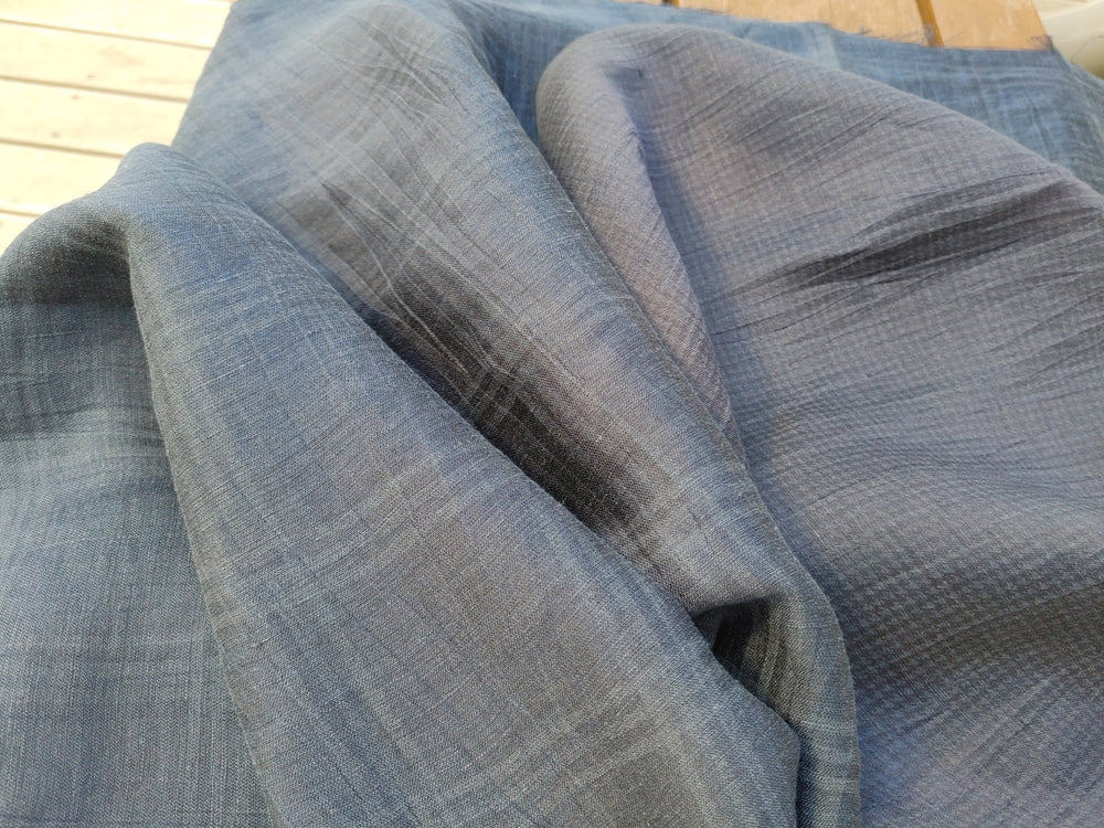 Naval Linen Polyester Fabric with Crease Effect and Printed Plaid Pattern 3578 - The Linen Lab - Navy