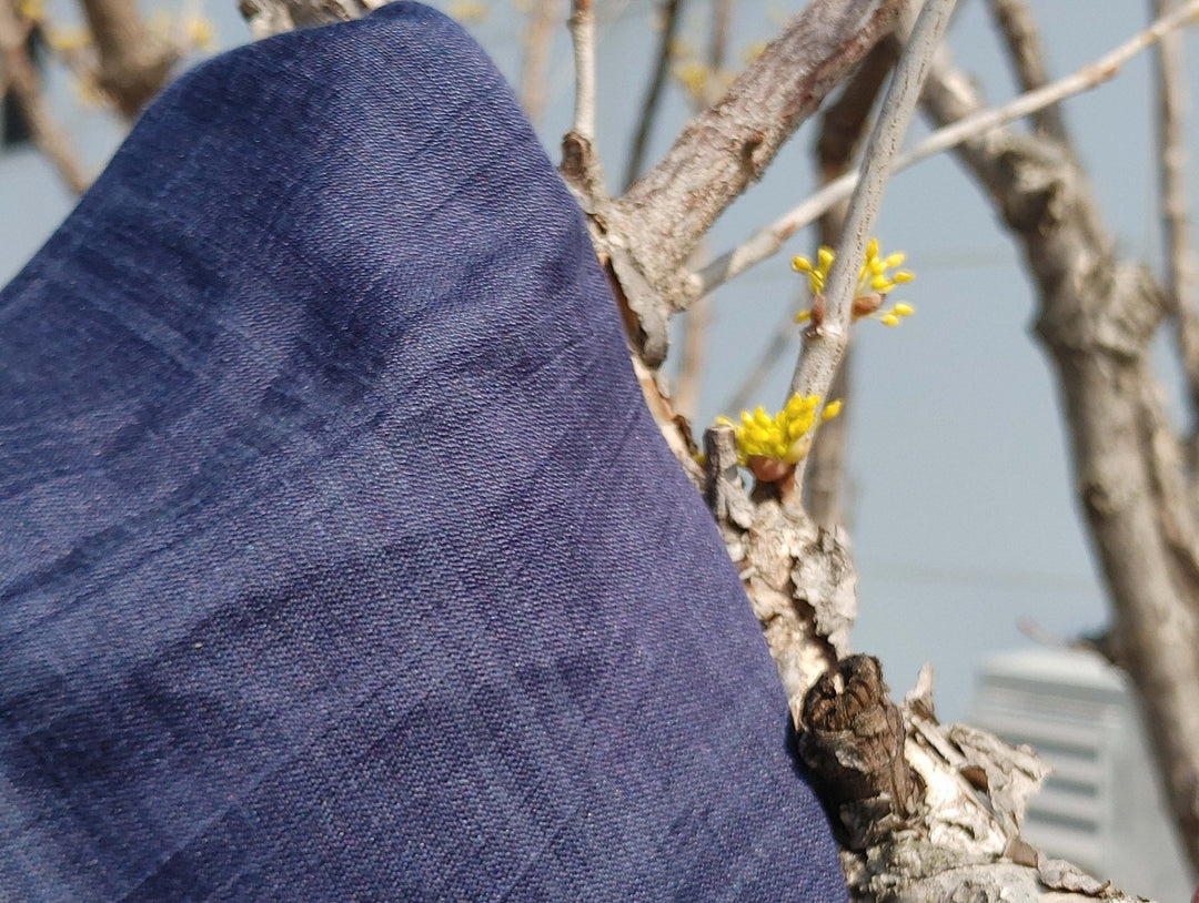 Naval Linen Polyester Fabric with Crease Effect and Printed Plaid Pattern 3578 - The Linen Lab - Navy