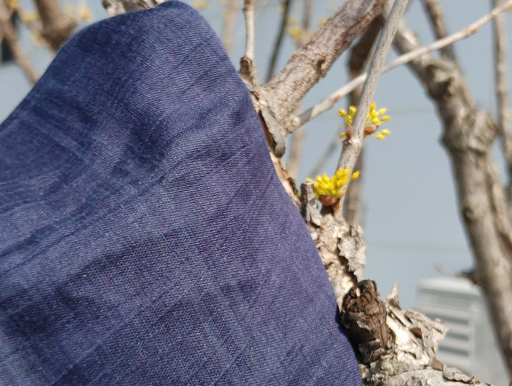 Naval Linen Polyester Fabric with Crease Effect and Printed Plaid Pattern 3578 - The Linen Lab - Navy