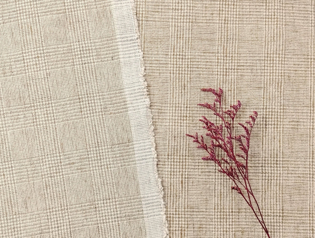 Premium Linen Cotton Beige Glen Plaid Fabric Heavy Weight: Timeless Elegance for Your Wardrobe and Home Décor 7598 - The Linen Lab - Beige
