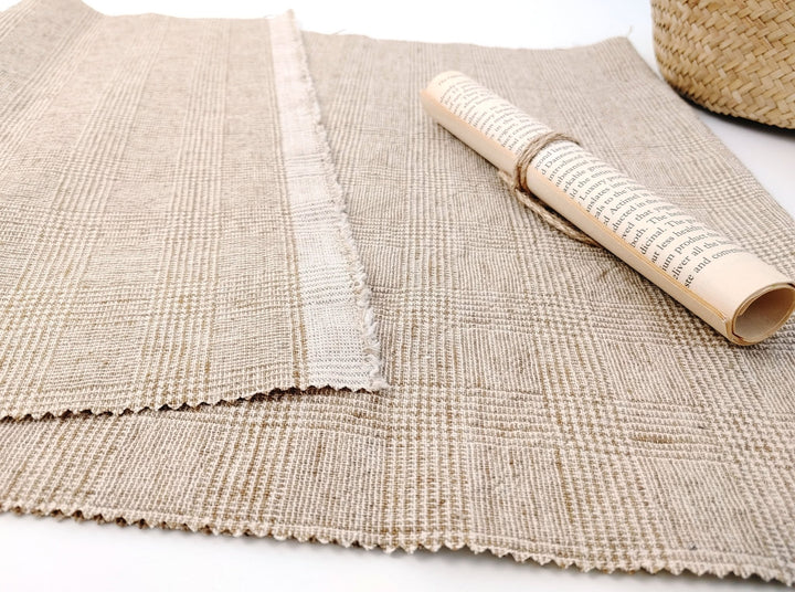 Premium Linen Cotton Beige Glen Plaid Fabric Heavy Weight: Timeless Elegance for Your Wardrobe and Home Décor 7598 - The Linen Lab - Beige