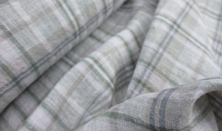 100% Linen Fabric Madras Plaid Light Weight (7022 7023 7024 6709 6710) - The Linen Lab - Light Green & Light Grey