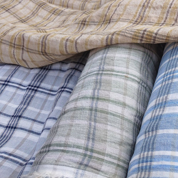 100% Linen Fabric Madras Plaid Light Weight (7022 7023 7024 6709 6710) - The Linen Lab - Grey & Green