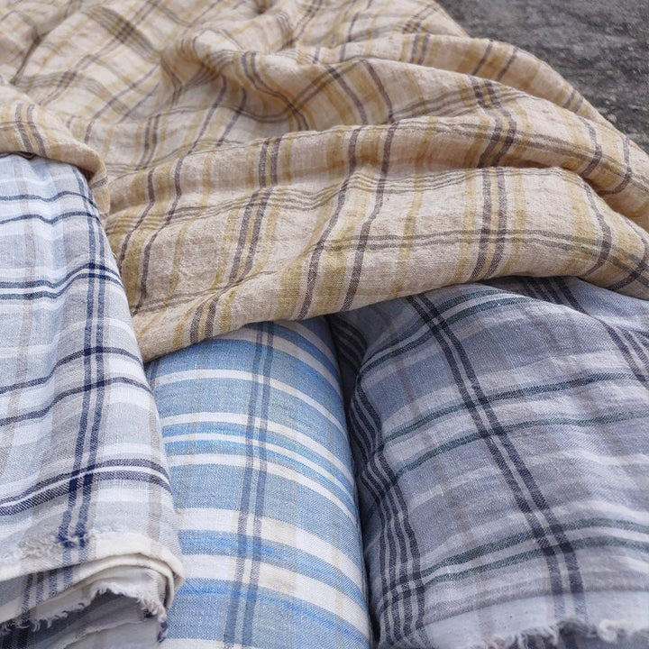 100% Linen Fabric Madras Plaid Light Weight (7022 7023 7024 6709 6710) - The Linen Lab - Grey & Green