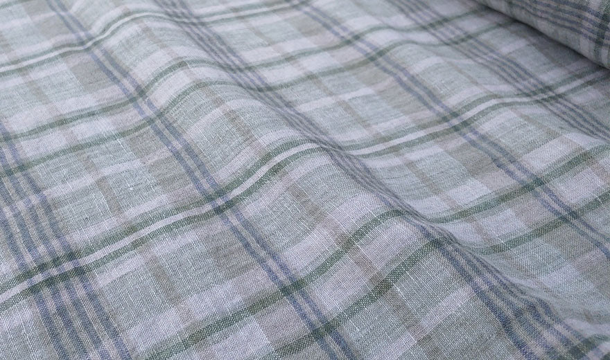 100% Linen Fabric Madras Plaid Light Weight (7022 7023 7024 6709 6710) - The Linen Lab - Light Green & Light Grey