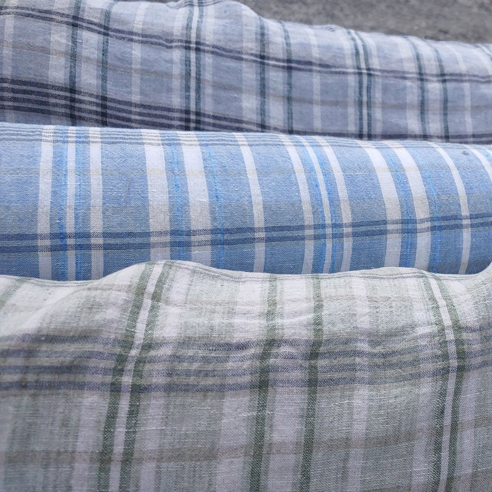 100% Linen Fabric Madras Plaid Light Weight (7022 7023 7024 6709 6710) - The Linen Lab - Grey & Green
