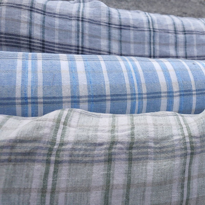 100% Linen Fabric Madras Plaid Light Weight (7022 7023 7024 6709 6710) - The Linen Lab - Grey & Green