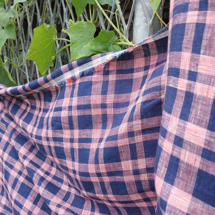 100% Linen Fabric Navy Red Plaid (6275) - The Linen Lab - Navy & Red
