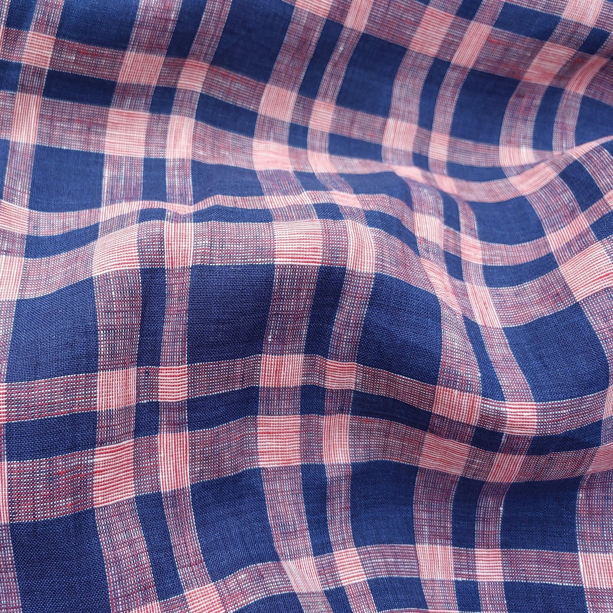 100% Linen Fabric Navy Red Plaid (6275) - The Linen Lab - Navy & Red
