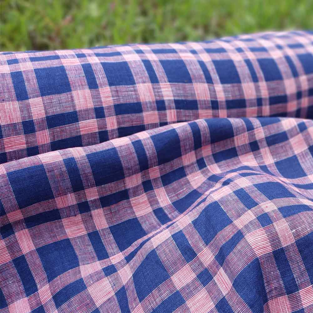 100% Linen Fabric Navy Red Plaid (6275) - The Linen Lab - Navy & Red