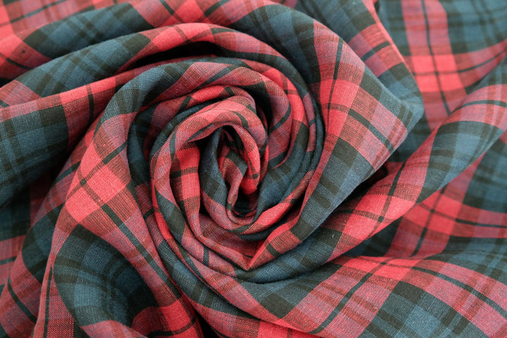 100% Linen Fabric Red Madras Plaid Check Light Weight 7289 - The Linen Lab - Red check 7289
