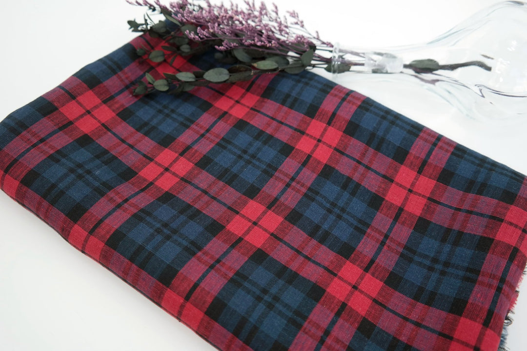 100% Linen Fabric Red Madras Plaid Check Light Weight 7289 - The Linen Lab - Red check 7289