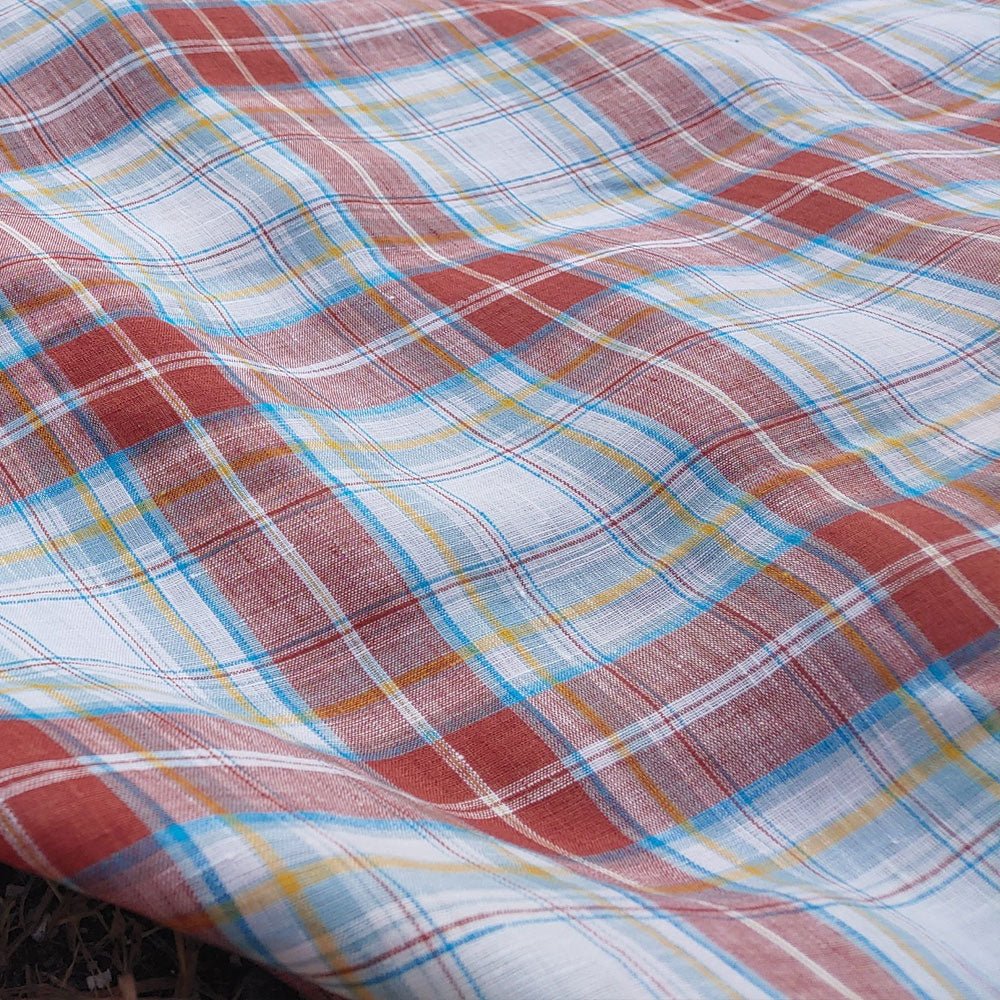 100% Linen Fabric Red Tartan Plaid Light Weight (6348) - The Linen Lab - Red
