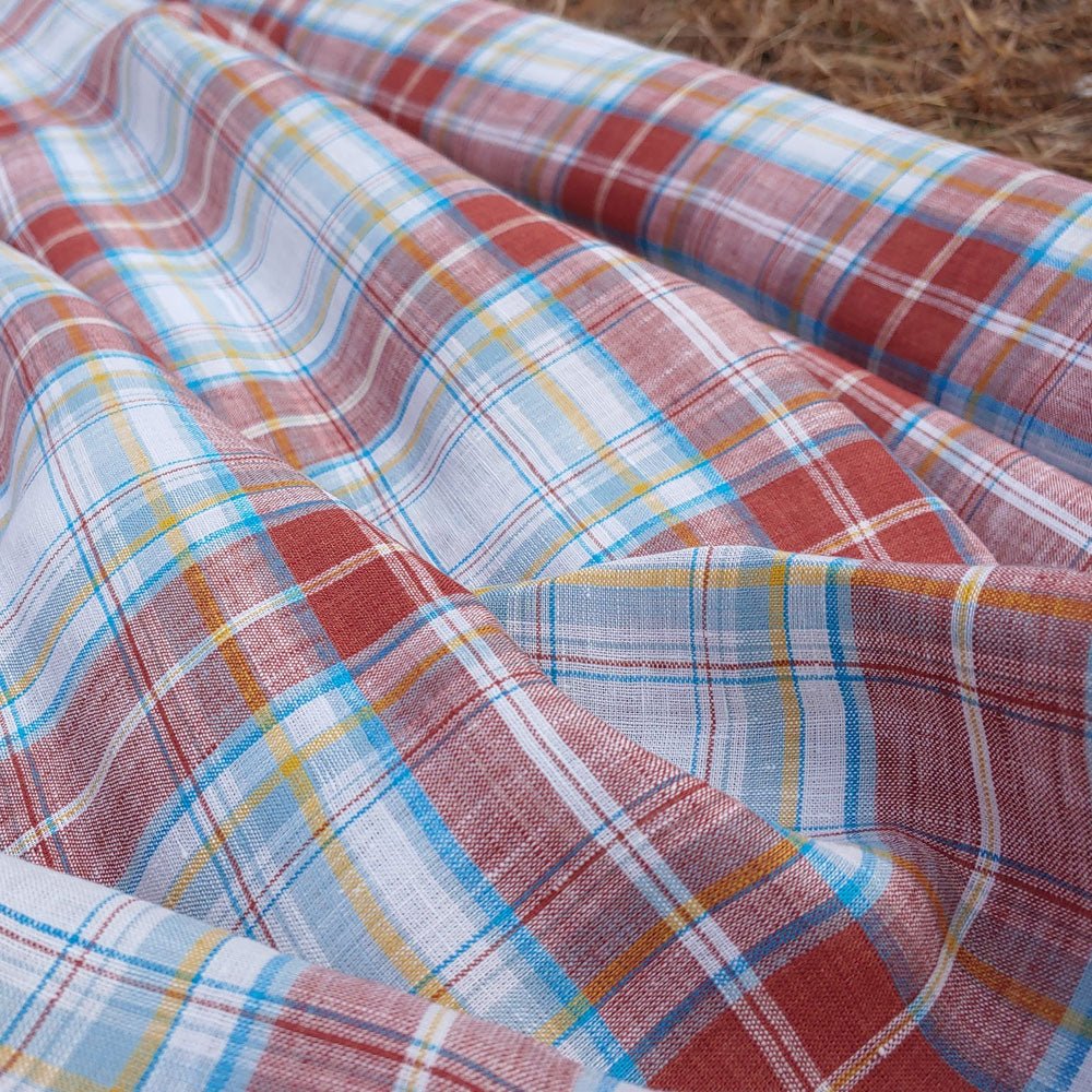 100% Linen Fabric Red Tartan Plaid Light Weight (6348) - The Linen Lab - Red