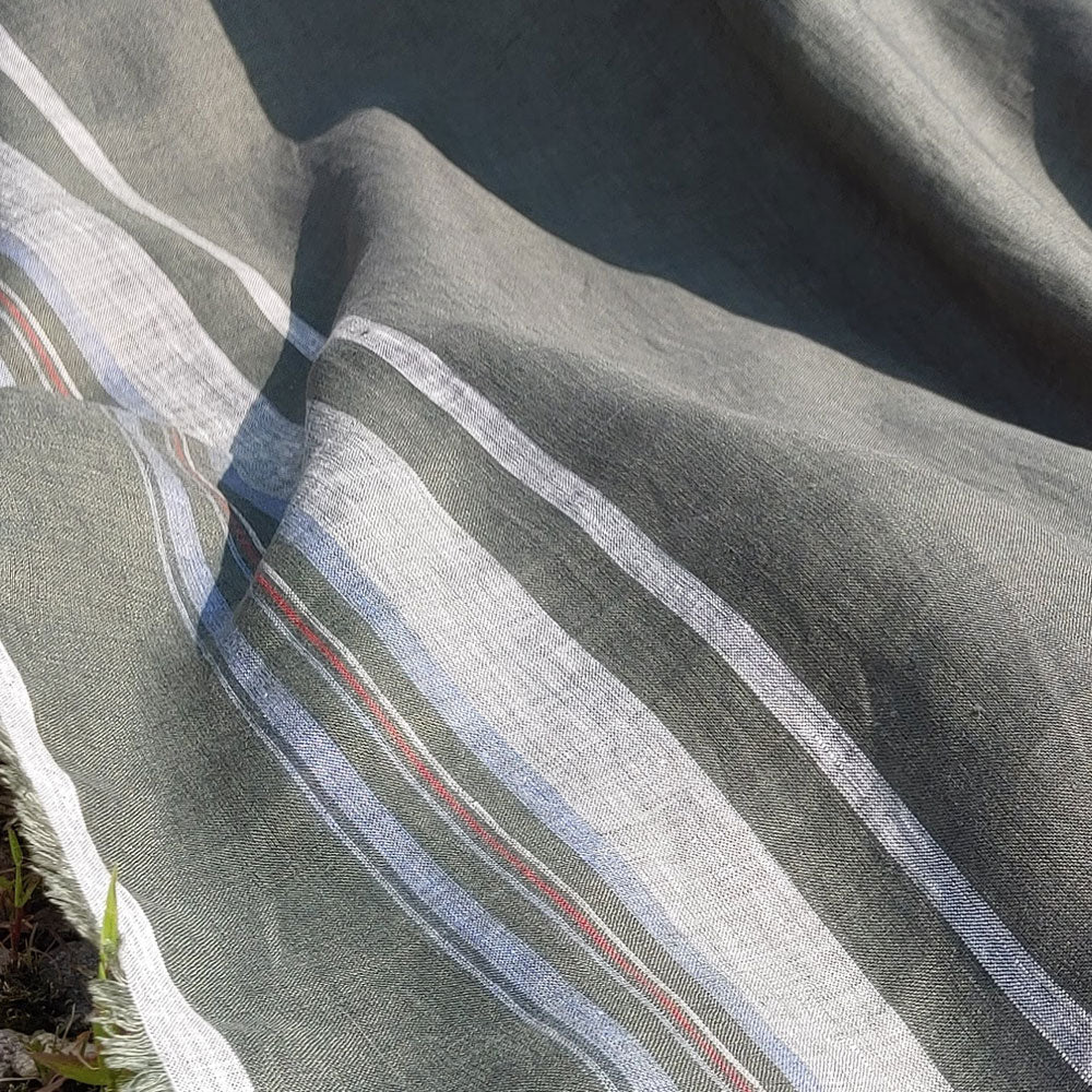 100% Linen Fabric Side Stripe Fabric Light Weight (6349) - The Linen Lab - Green