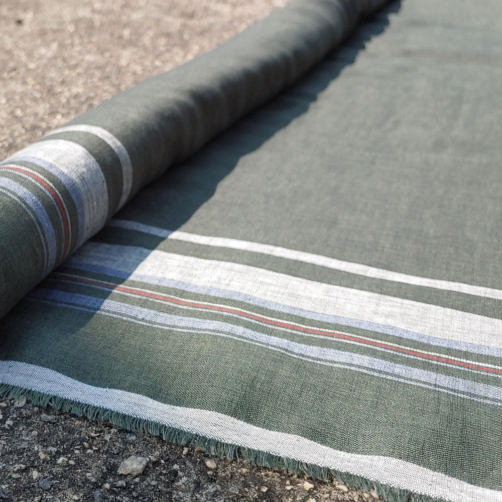 100% Linen Fabric Side Stripe Fabric Light Weight (6349) - The Linen Lab - Green