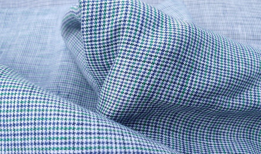100% Linen Fabric small starcheck light weight  - The Linen Lab - 7027 navy green