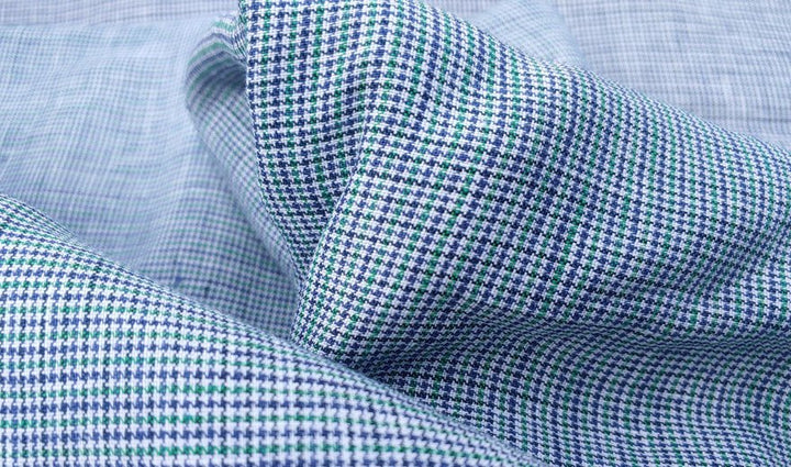 100% Linen Fabric small starcheck light weight  - The Linen Lab - 7027 navy green