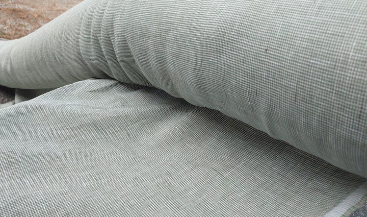 100% Linen Fabric small starcheck light weight  - The Linen Lab - 6578 blue grey beige