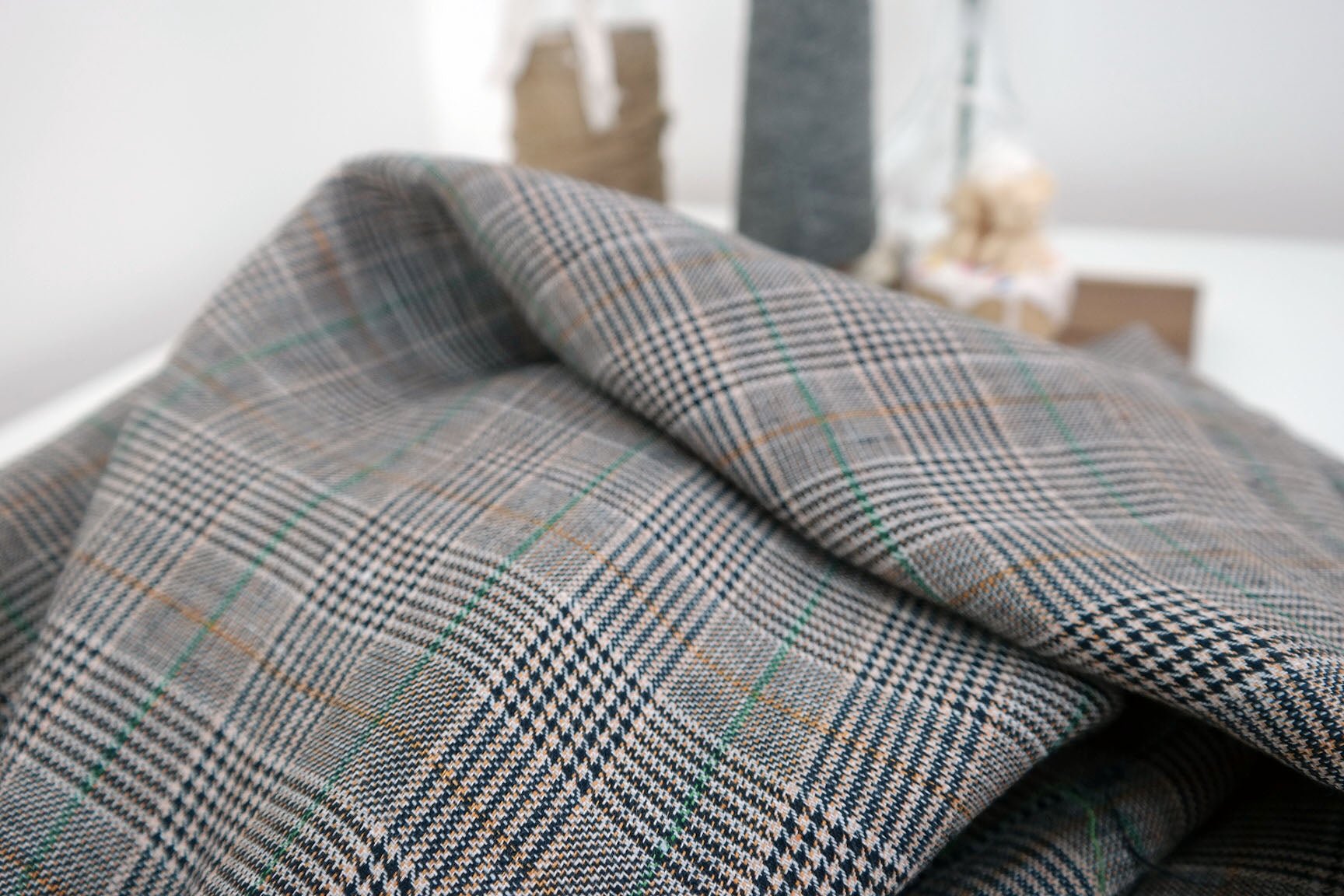 100% Linen Fabric Twill Multi Color Houndstooth Glen Plaid Medium Weight (6416) - The Linen Lab - Multi Colors
