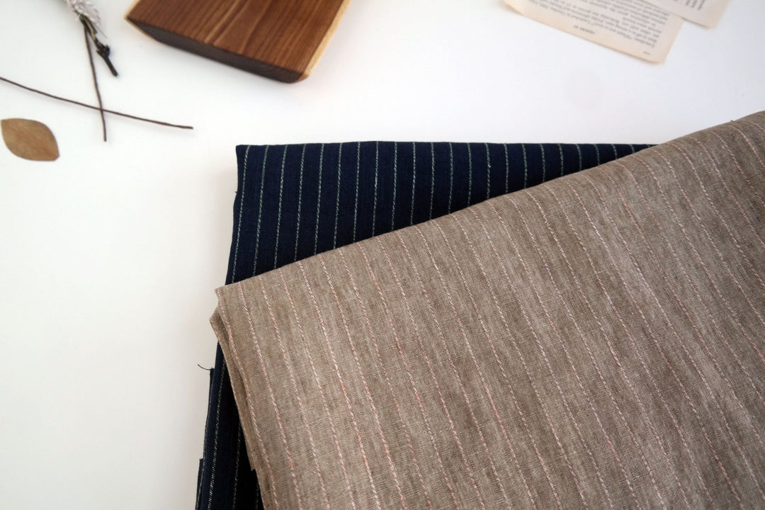 100% Linen Fabric with Multi-Color Pin Stripe 7089 7090 - The Linen Lab - Beige 7089
