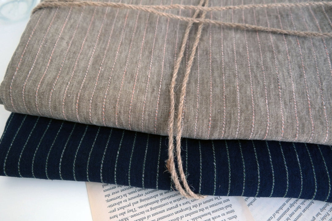 100% Linen Fabric with Multi-Color Pin Stripe 7089 7090 - The Linen Lab - Beige 7089