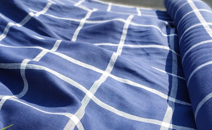 100% Linen Fabric with Navy Windowpane Check Light Weight 6611 - The Linen Lab - Navy check 6611