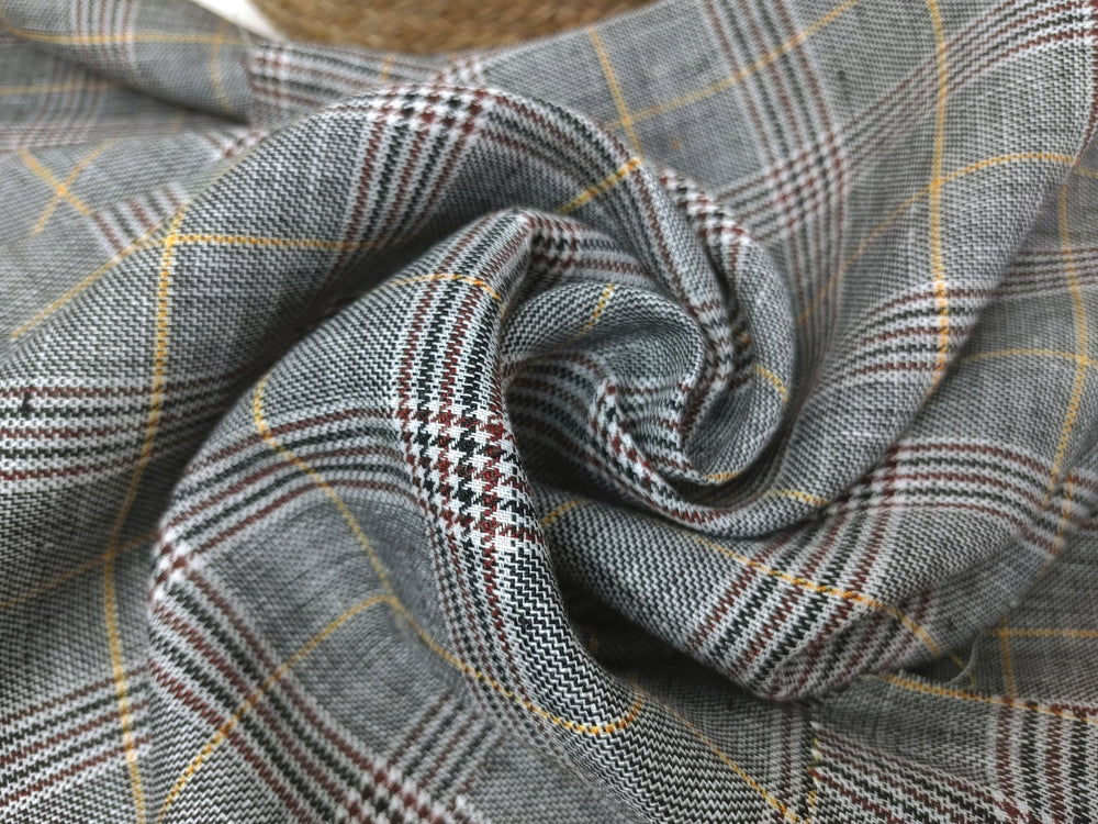 100% Linen Glen Plaid with Yellow Windowpane – White, Black, and Brown Harmony 6715 - The Linen Lab - Yellow