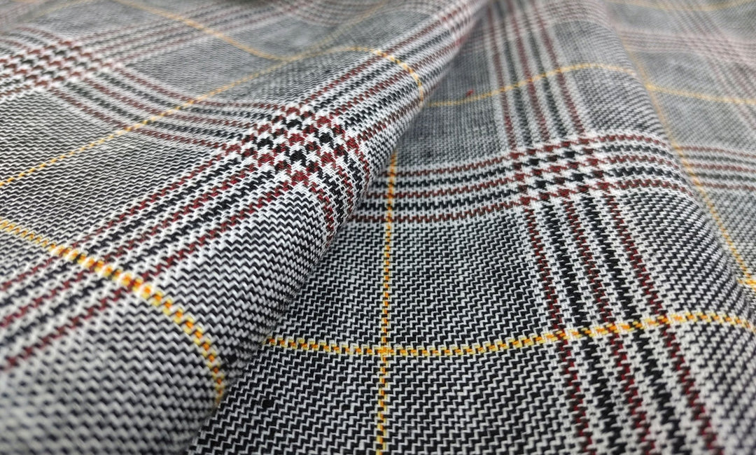 100% Linen Glen Plaid with Yellow Windowpane – White, Black, and Brown Harmony 6715 - The Linen Lab - Yellow