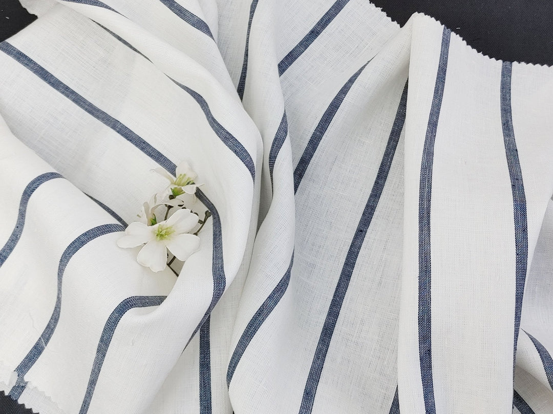 100% Linen HBT Fabric with White Base and Navy Stripe Pattern 4860 - The Linen Lab - Navy