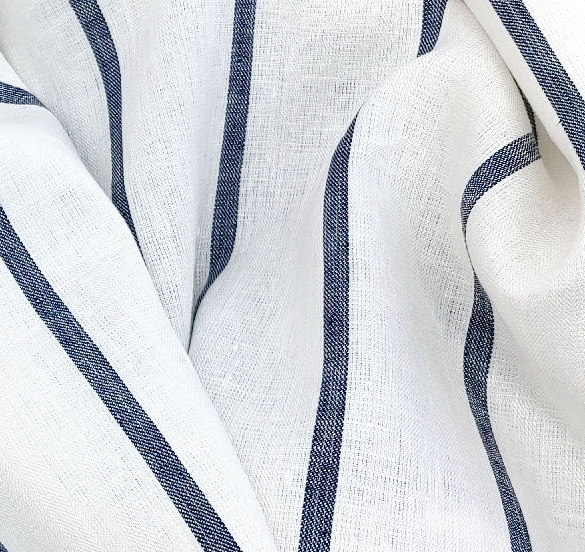 100% Linen HBT Fabric with White Base and Navy Stripe Pattern 4860 - The Linen Lab - Navy