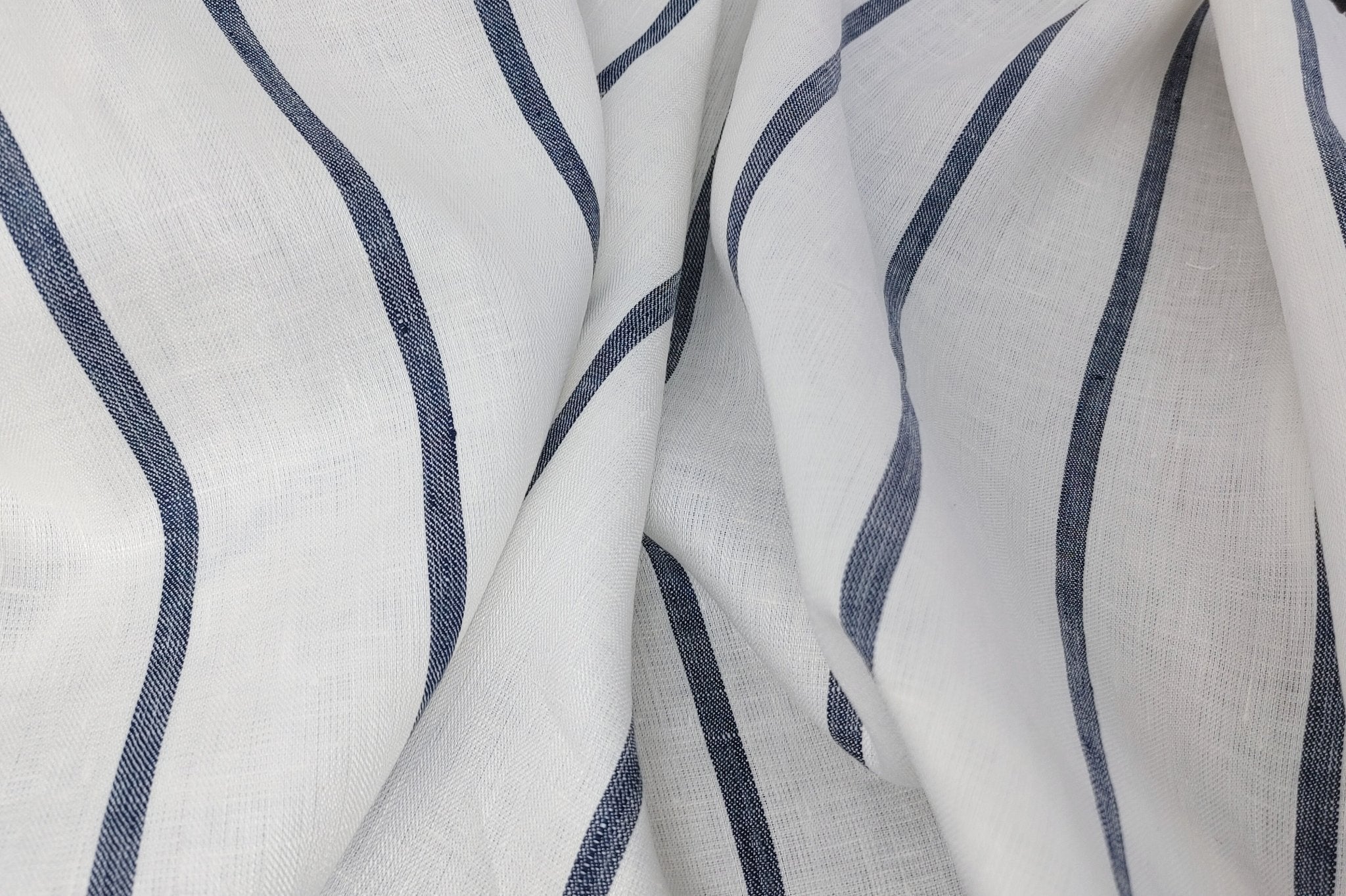 100% Linen HBT Fabric with White Base and Navy Stripe Pattern 4860 - The Linen Lab - Navy