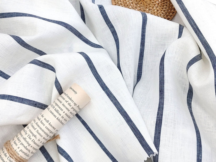 100% Linen HBT Fabric with White Base and Navy Stripe Pattern 4860 - The Linen Lab - Navy