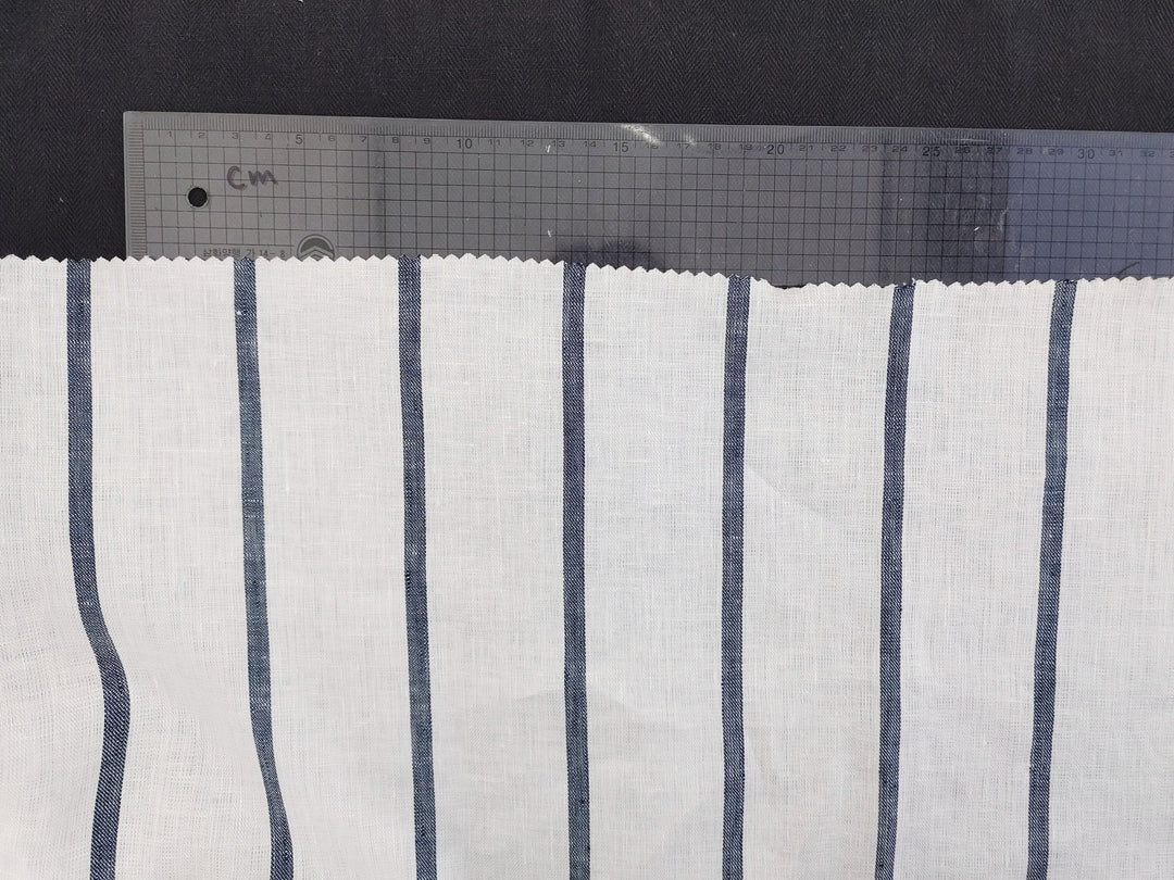 100% Linen HBT Fabric with White Base and Navy Stripe Pattern 4860 - The Linen Lab - Navy