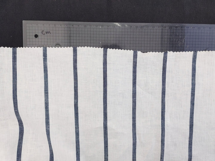 100% Linen HBT Fabric with White Base and Navy Stripe Pattern 4860 - The Linen Lab - Navy