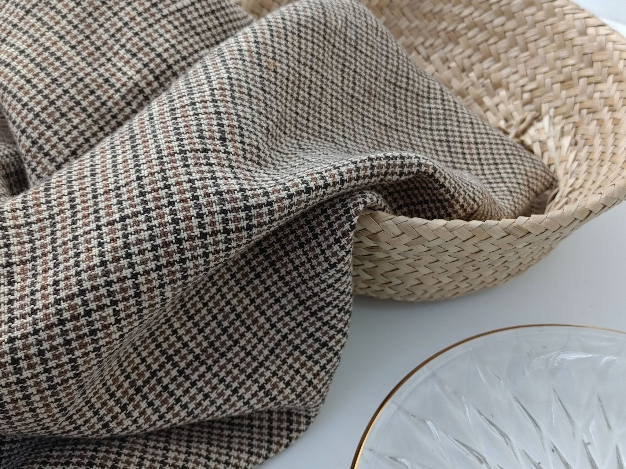 100% Linen Houndstooth StarCheck Fabric: Heavyweight Elegance - The Linen Lab - Brown