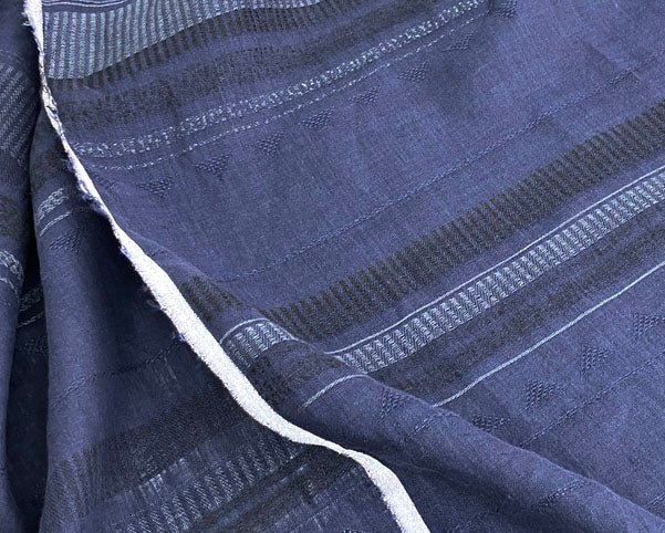 100% Linen Jacquard Fabric with Navy Horizontal Stripes and Unique Weaving Structure 4883 - The Linen Lab - Navy