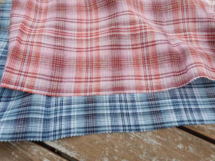 100% Linen Light Weight Madras Plaid Fabric 7608 7609 - The Linen Lab - Blue(Dark)