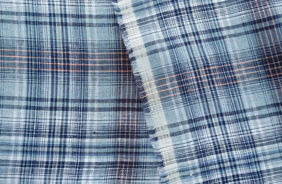 100% Linen Light Weight Madras Plaid Fabric 7608 7609 - The Linen Lab - Blue(Dark)