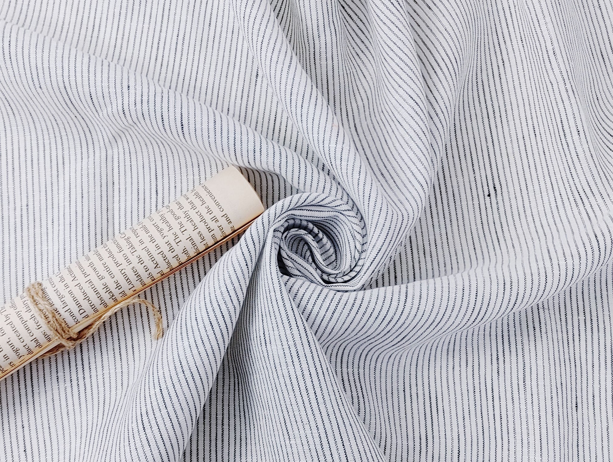 100% Linen Navy Striped White Fabric – Light and Timeless 7853 - The Linen Lab - Navy