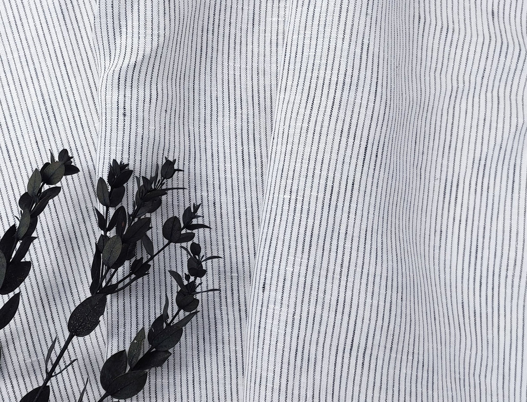 100% Linen Navy Striped White Fabric – Light and Timeless 7853 - The Linen Lab - Navy