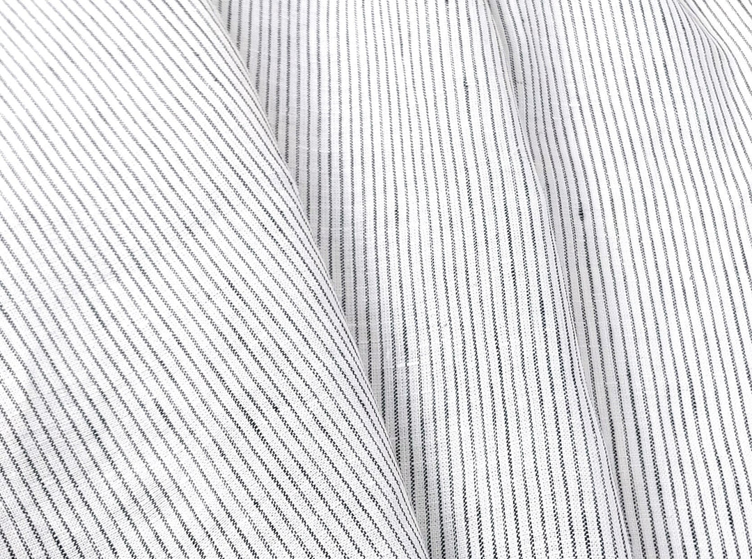 100% Linen Navy Striped White Fabric – Light and Timeless 7853 - The Linen Lab - Navy