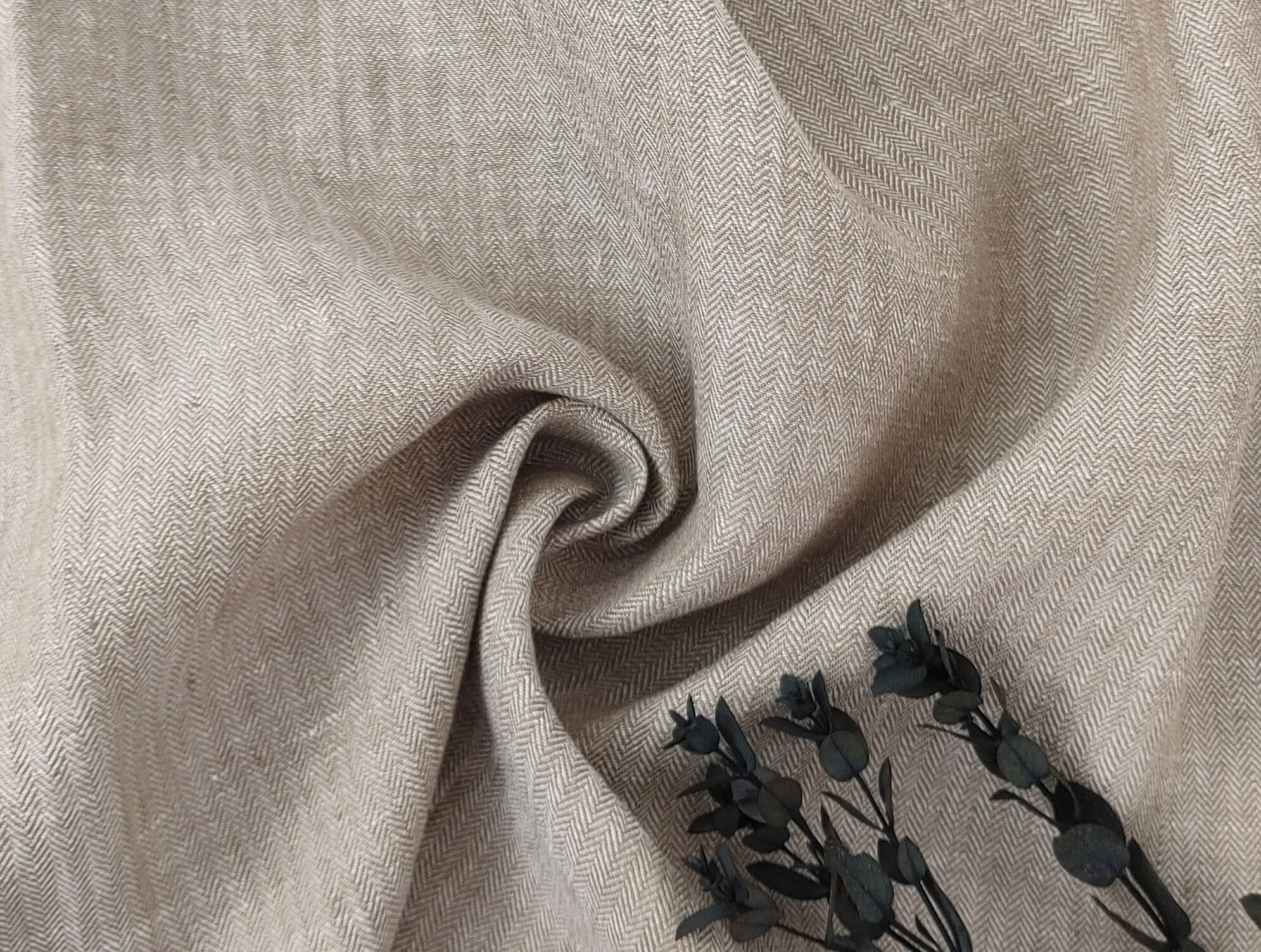 100% Linen Small Herringbone Twill Fabric HBT Chambray 7309 7605 - The Linen Lab - Gray
