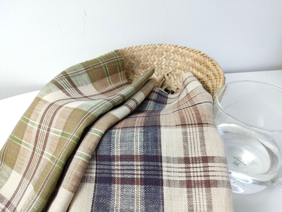 100% Linen Twill Plaid Fabric Medium Weight 7759 7760 - The Linen Lab - Green